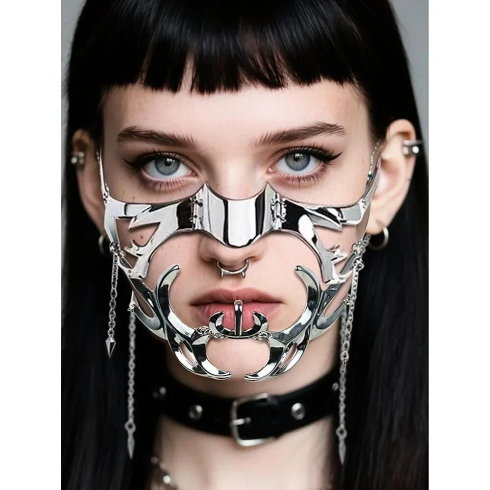 Cyberpunk Metal Half Mask Unisex Adjustable Chain for Masquerades Fest